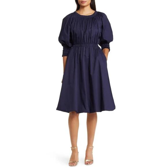 En Saison Brigitta Puff Sleeve A-Line Dress Navy W/Tag - M - Picture 1 of 8